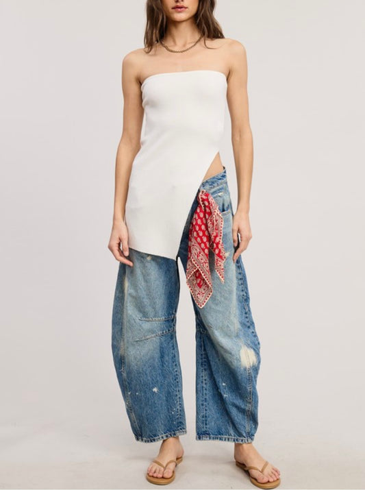 Strapless top (dark brown & white)