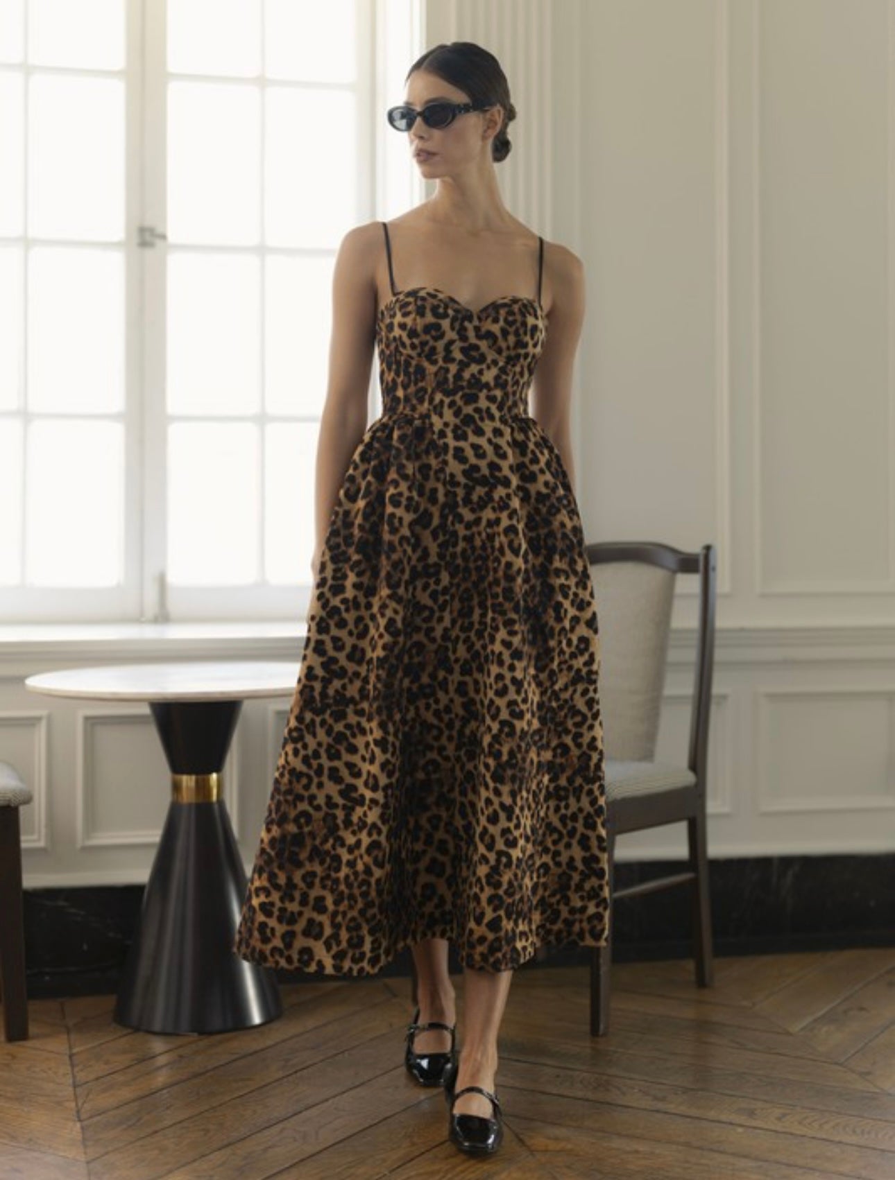 Princess cut leopard midi dress