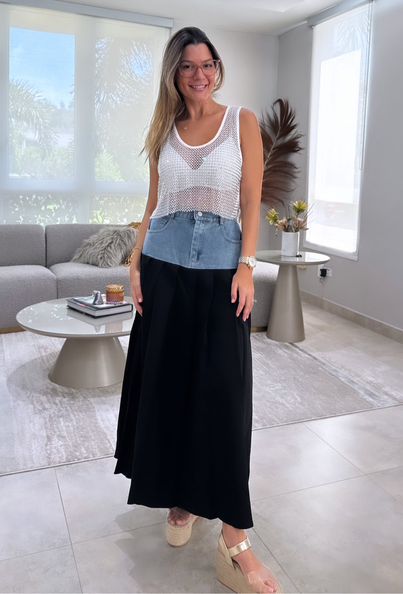 Blue denim contraste skirt