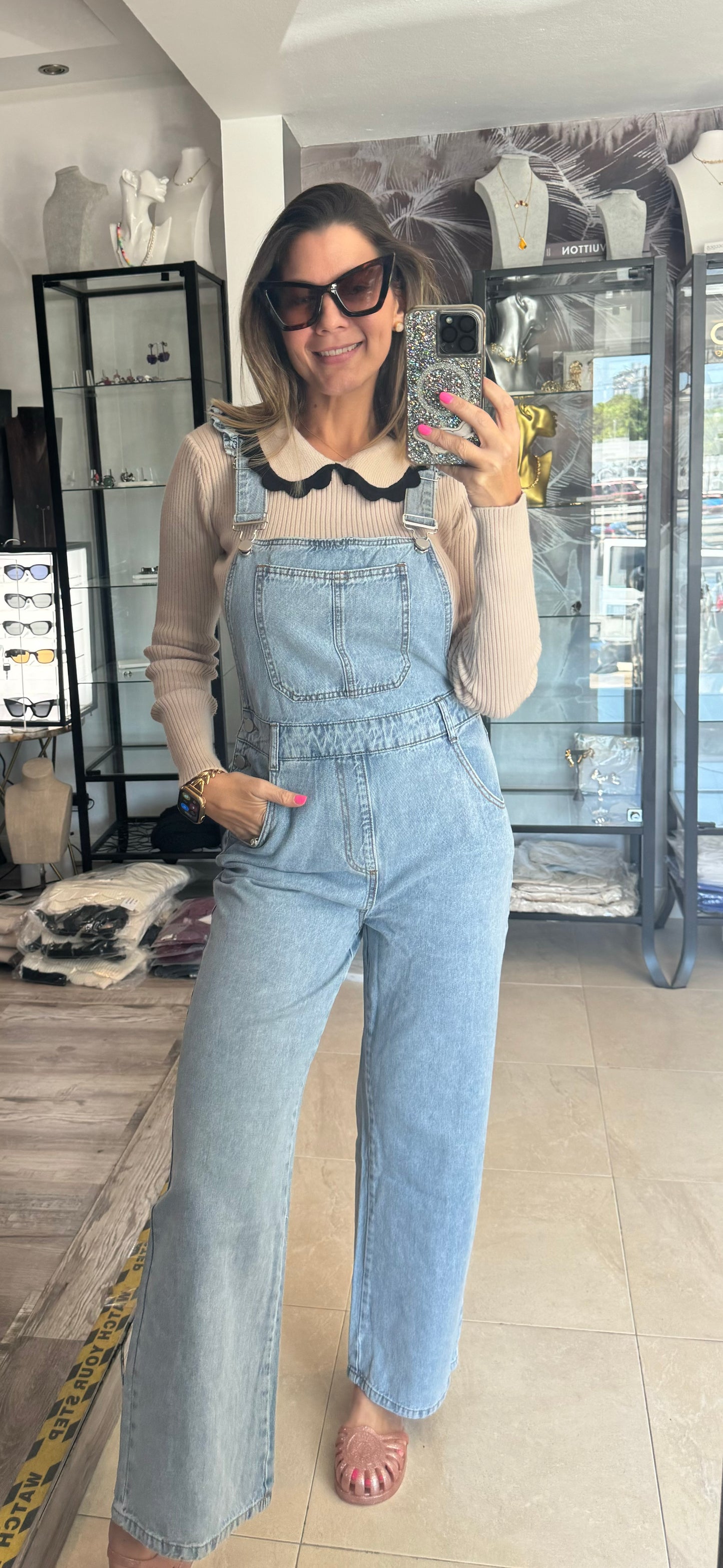 Ruffle strap denim overall