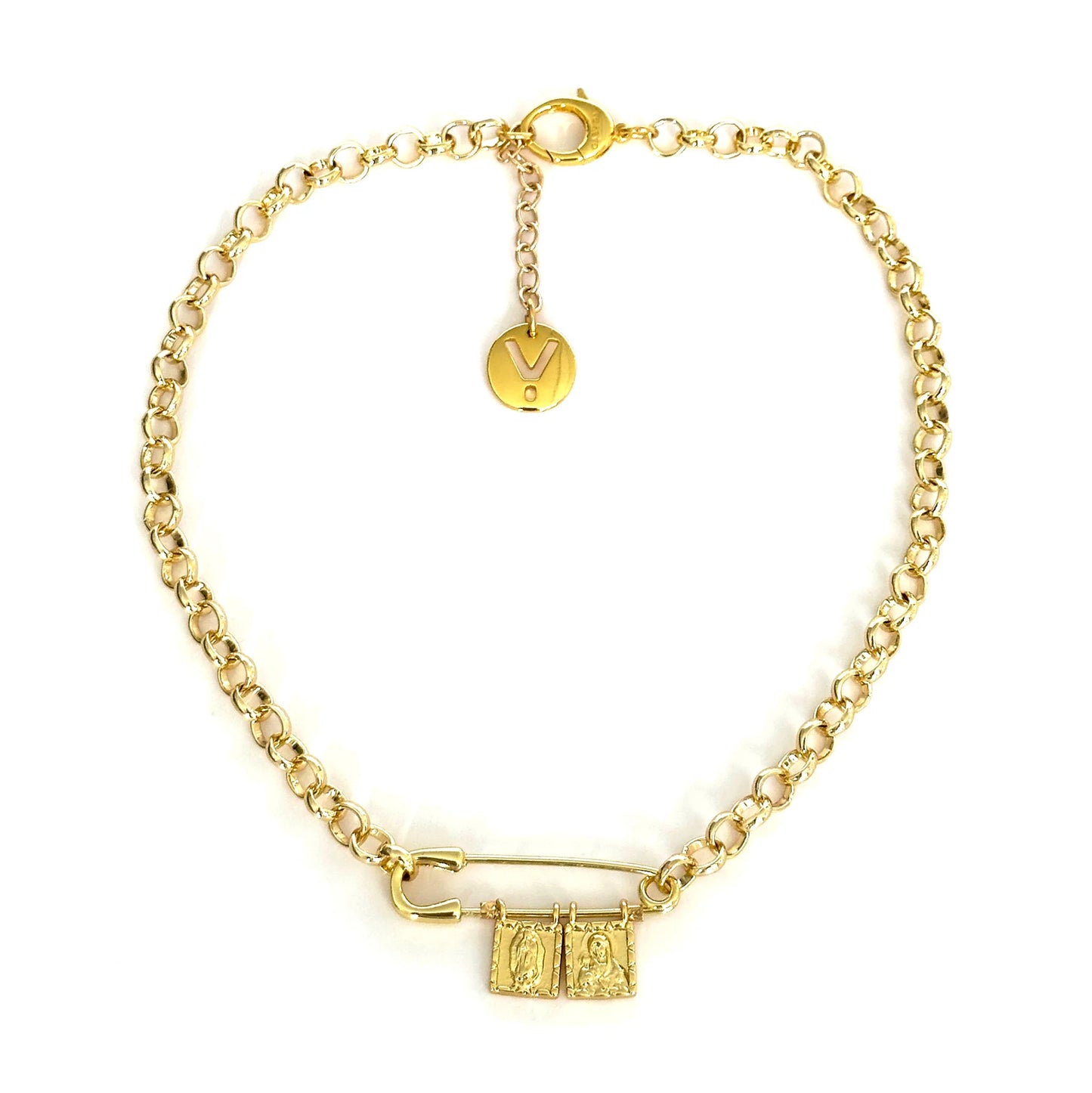 Lucy Short Gold Scapular Necklace – Mother & Child + Our Lady of Guadalupe Devotional Charm Necklace