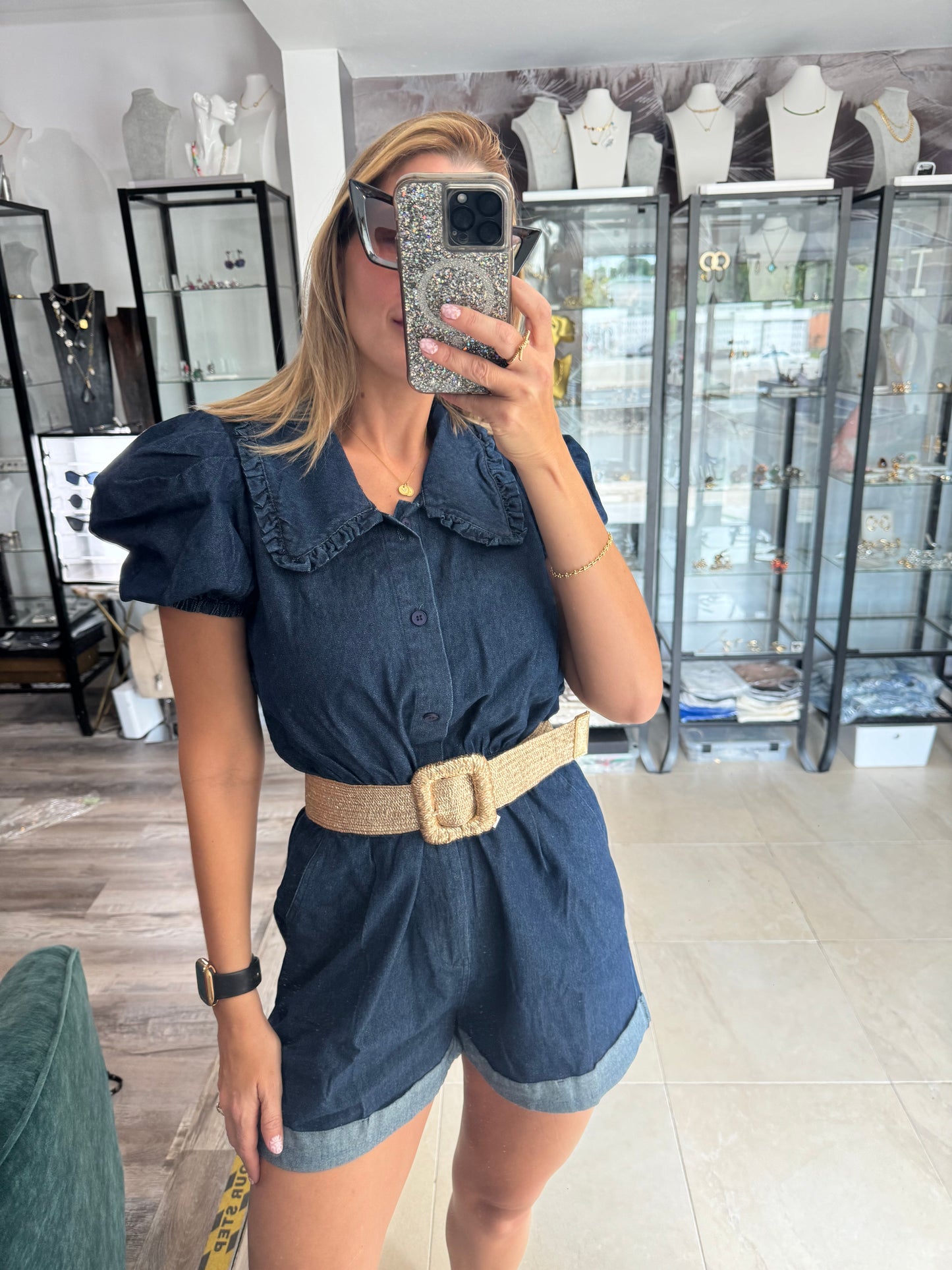 Babydoll collar denim romper