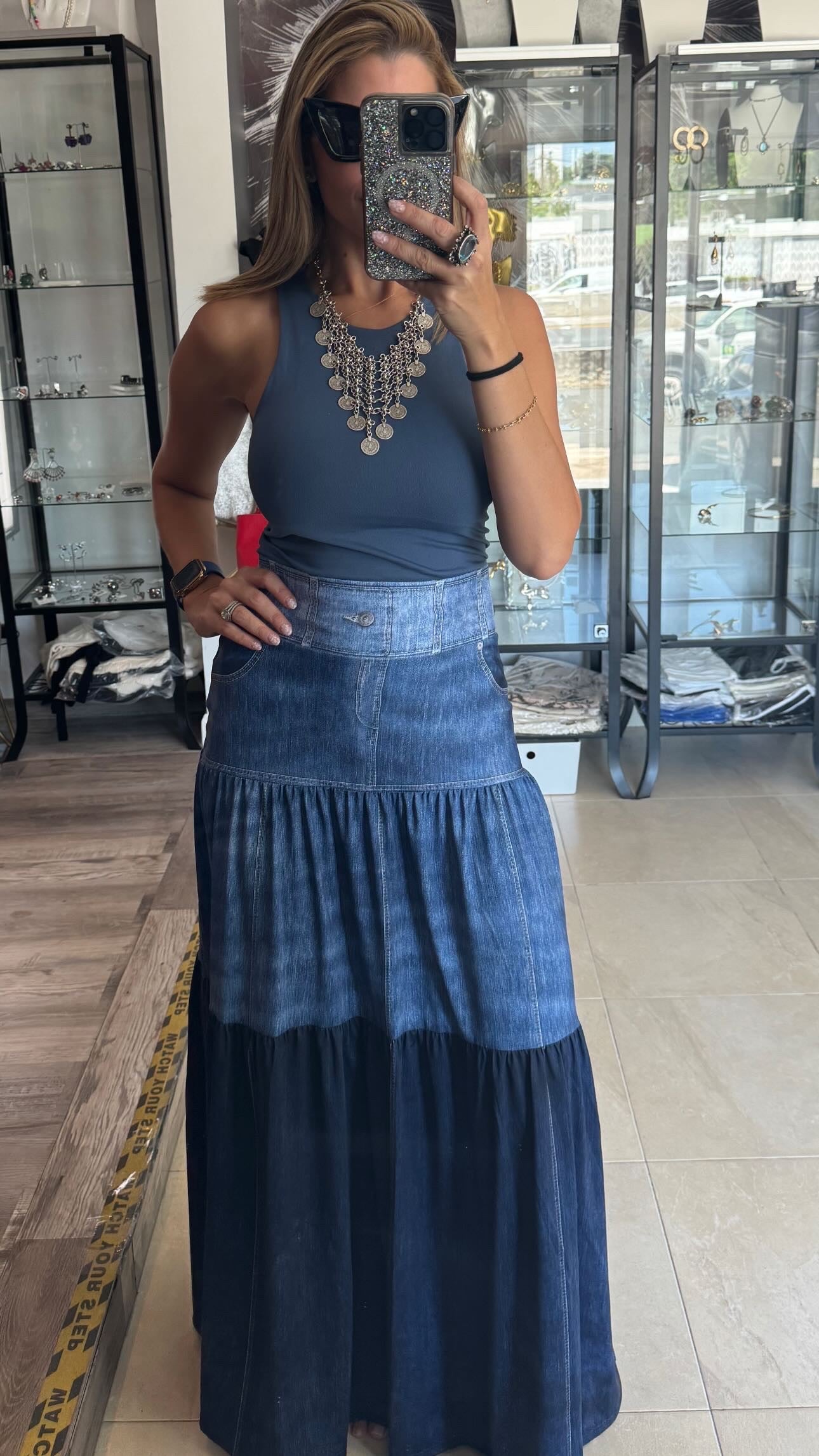 Denim color blocking maxi skirt